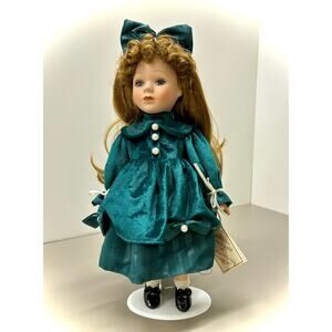 Victorian Girl 13 inch Fashion Doll – VTG Porcelain, Glass Eyes + Tag & Stand